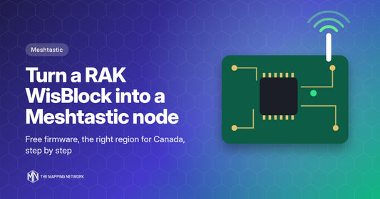 Illustration of a green circuit board with an antenna and signal waves, for a guide to turning a RAK WisBlock into a Meshtastic node