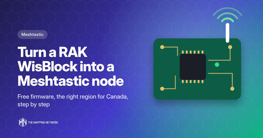 Illustration of a green circuit board with an antenna and signal waves, for a guide to turning a RAK WisBlock into a Meshtastic node