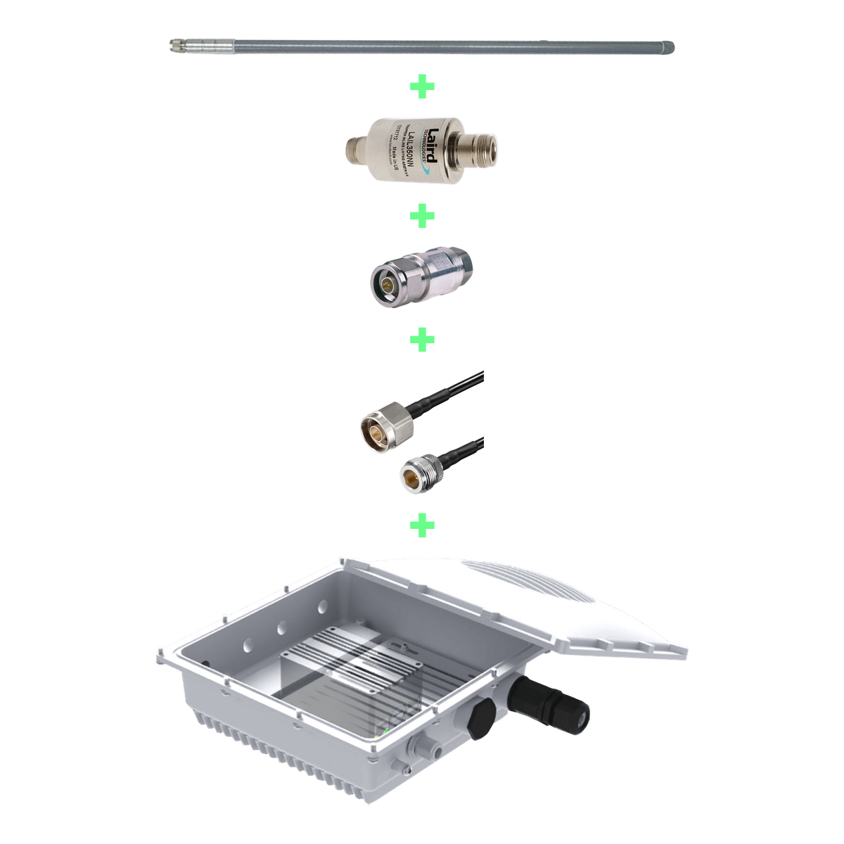 Outdoor Meshtastic node kit: Nebra 5.8 dBi fiberglass antenna, plus Laird lightning surge arrestor, plus N male to N male adaptor, plus RBT LMR-200 N female to N male cable, plus RAKwireless outdoor enclosure. Radio not included.