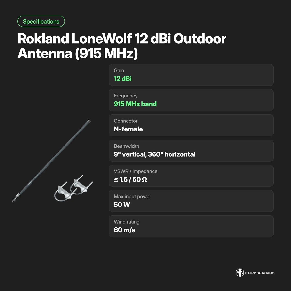 Rokland LoneWolf 12 dBi 915 MHz antenna: specifications